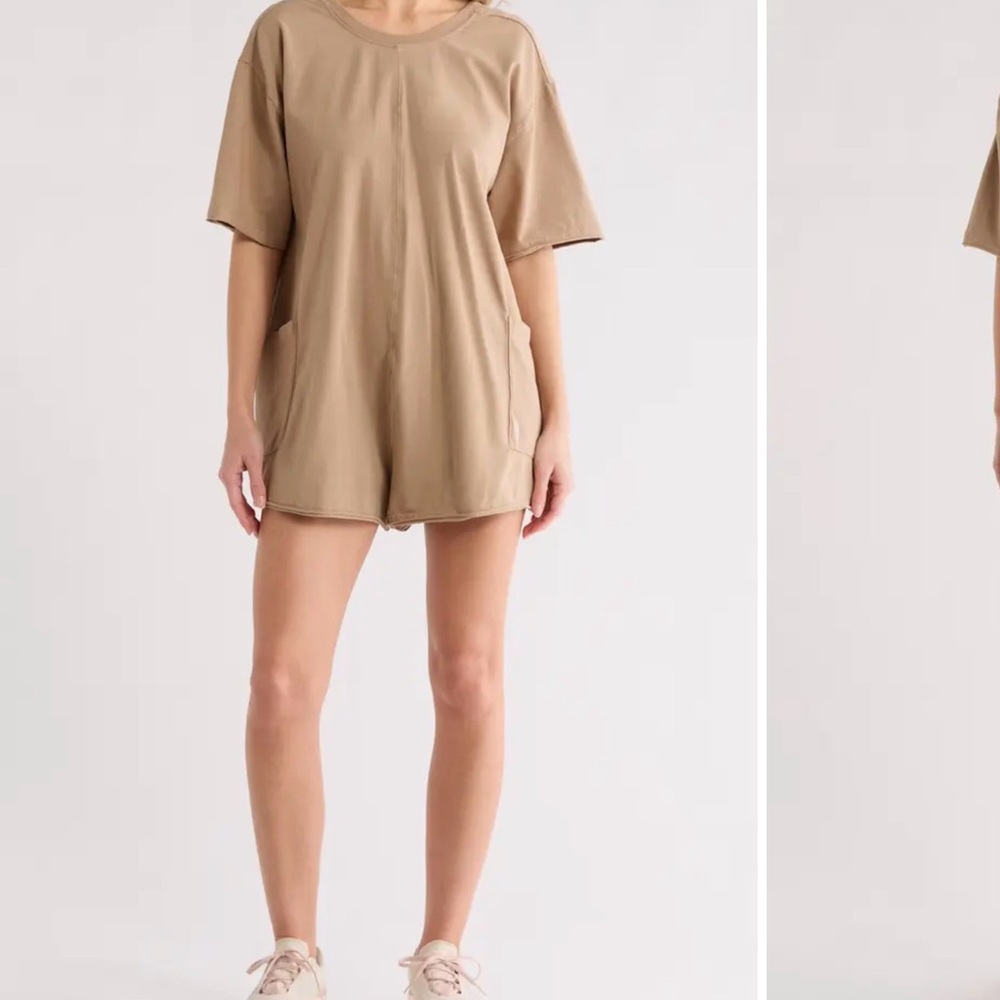 FP Movement by Free People Relaxed Short-Sleeve Romper in Tan